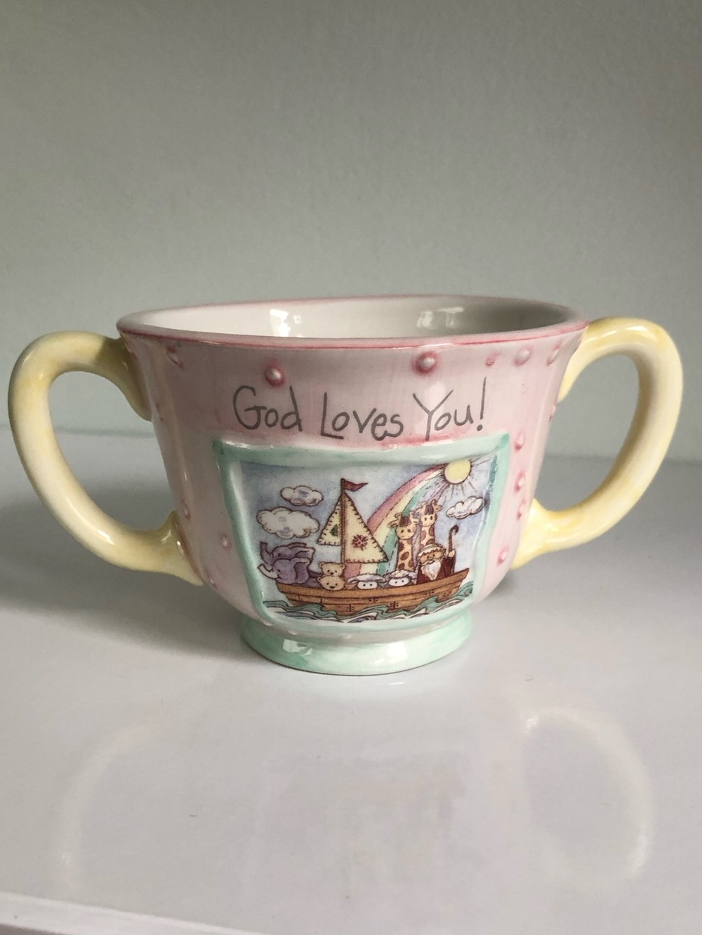 Vintage Y2K God Loves You Noah’s Ark Pastel Two-Handled Decorative Cup - Picture 2 of 12